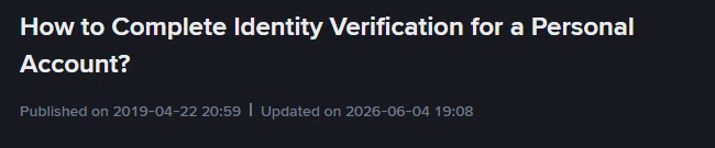 Binance rəsmi dəstək səhifəsinin başlığı: “How to Complete Identity Verification for a Personal Account?”, altında Published on 2019-04-22 20:59 və Updated on 2026-06-04 19:08 tarixləri