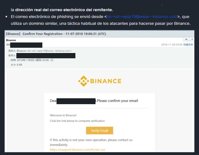 Ejemplo oficial de correo de phishing: el remitente real es do-not-reply19 arroba www--binance.com, un dominio con dos guiones que imita al oficial; la dirección del destinatario aparece tapada