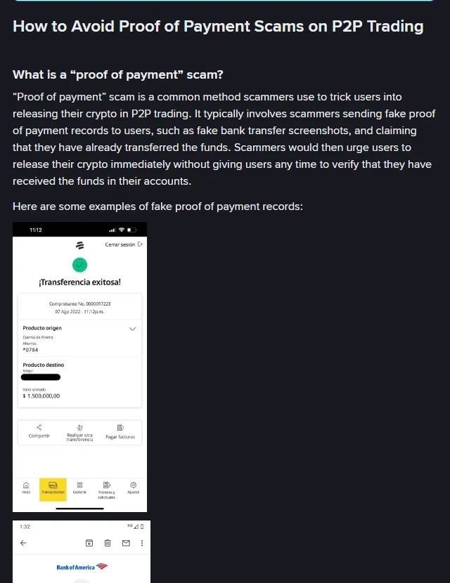 币安帮助中心关于 P2P 付款凭证诈骗的说明页,展示一张伪造的转账成功凭证示例