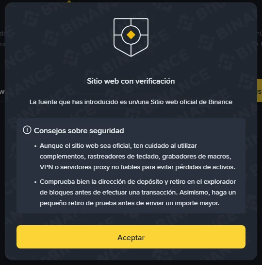 Ventana de resultado de Binance Verify en español con el título «Sitio web con verificación», dos consejos de seguridad y el botón Aceptar