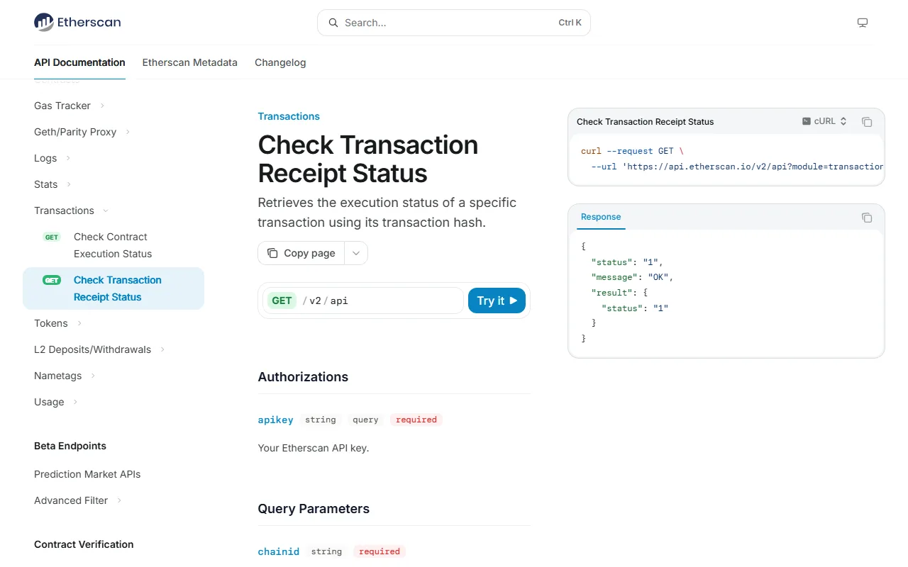 Etherscan 官方文档显示可通过交易哈希查询交易回执状态