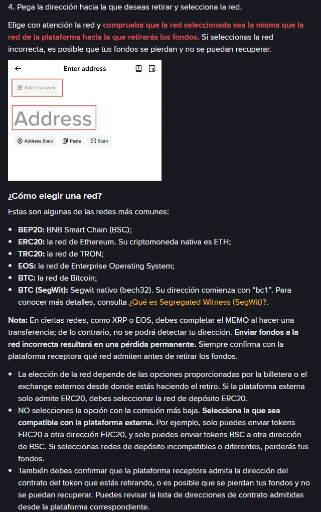 Guía oficial de Binance «¿Cómo retirar criptomonedas de Binance?» en español: paso 4 con la advertencia en rojo de que la red debe ser la misma que la de la plataforma de destino, ejemplo de pantalla Select Network y Address, y el apartado ¿Cómo elegir una red? con BEP20, ERC20 y TRC20