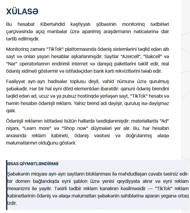 cert.az saytındakı xəbərdarlıq hesabatının xülasə hissəsi: TikTok-da ödəniş sistemlərini təqlid edən altı saytın aşkarlandığı və kampaniyanın dörd elementdən ibarət nümunəsi təsvir olunub