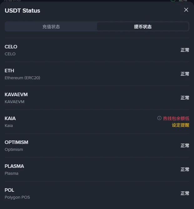 币安充值/提现状态页展开的 USDT 提币状态面板,CELO、ETH、KAVAEVM、OPTIMISM、PLASMA、POL 各行显示正常,KAIA 一行标红显示「热钱包余额低」并带「设定提醒」链接