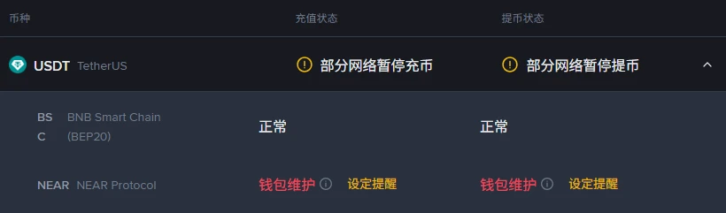 币安充值/提现状态页展开 USDT 后的画面:表头为币种、充值状态、提币状态;USDT 行显示黄色感叹号加「部分网络暂停充币」和「部分网络暂停提币」;展开后 BNB Smart Chain (BEP20) 两列均为「正常」,NEAR Protocol 一行的充值与提币两列均为红色「钱包维护」并带「设定提醒」按钮