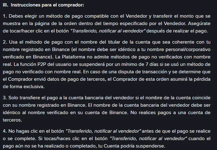 Sección «III. Instrucciones para el comprador» de la Política de transacciones entre usuarios de Binance P2P en español, con los puntos 1 a 4 sobre pagar dentro del tiempo especificado, usar un método de pago a nombre propio, no pagar a cuentas de terceros y no pulsar «Transferido, notificar al vendedor» antes de pagar