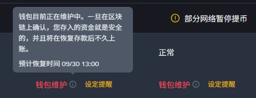 状态页上「钱包维护」旁信息图标弹出的提示框,文字为:钱包目前正在维护中。一旦在区块链上确认,您存入的资金就是安全的,并且将在恢复存款后不久上账。下方一行写着预计恢复时间 09/30 13:00;提示框下方是 NEAR Protocol 一行的红色「钱包维护」与「设定提醒」按钮