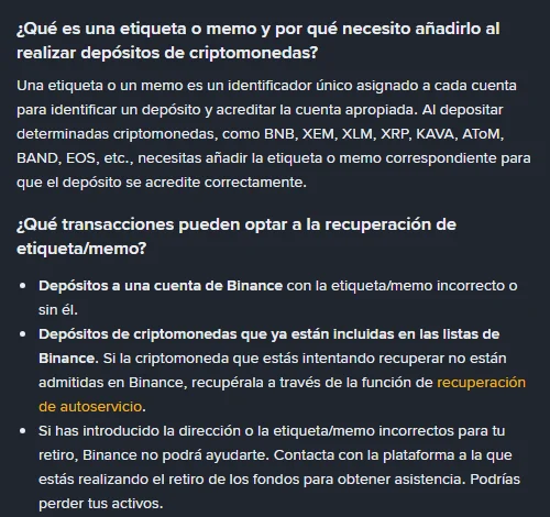 Página de ayuda de Binance en español titulada «Cómo recuperar un depósito de criptomonedas con una etiqueta/memo incorrecto o que falta», con la definición de etiqueta o memo como identificador único asignado a cada cuenta y la lista de transacciones que pueden optar a la recuperación