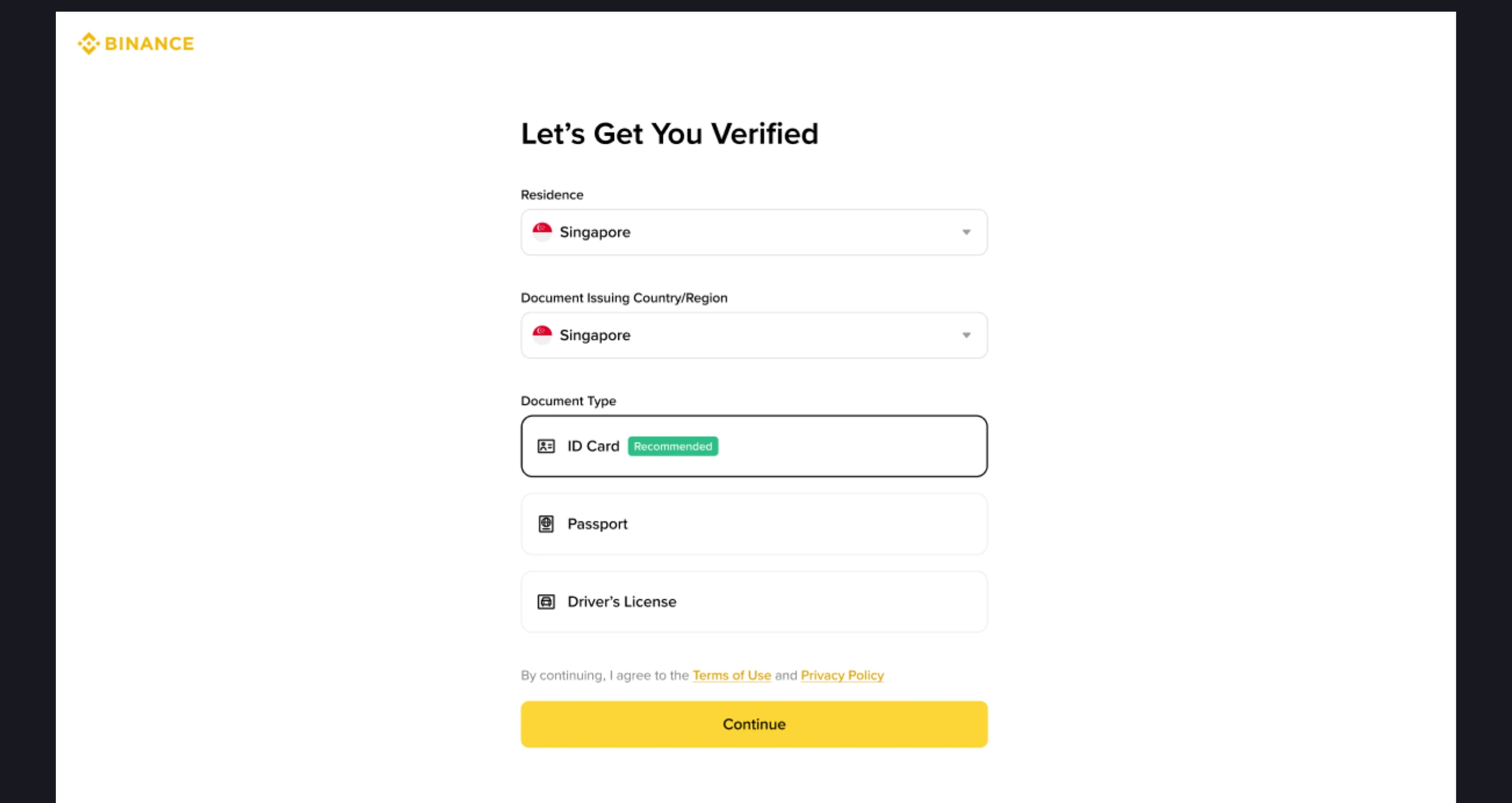 Binance dəstək səhifəsindəki “Let’s Get You Verified” ekranının nümunəsi: Residence və Document Issuing Country/Region sahələrində nümunə olaraq Singapore seçilib, Document Type bölməsində ID Card (Recommended), Passport və Driver’s License variantları və Continue düyməsi görünür