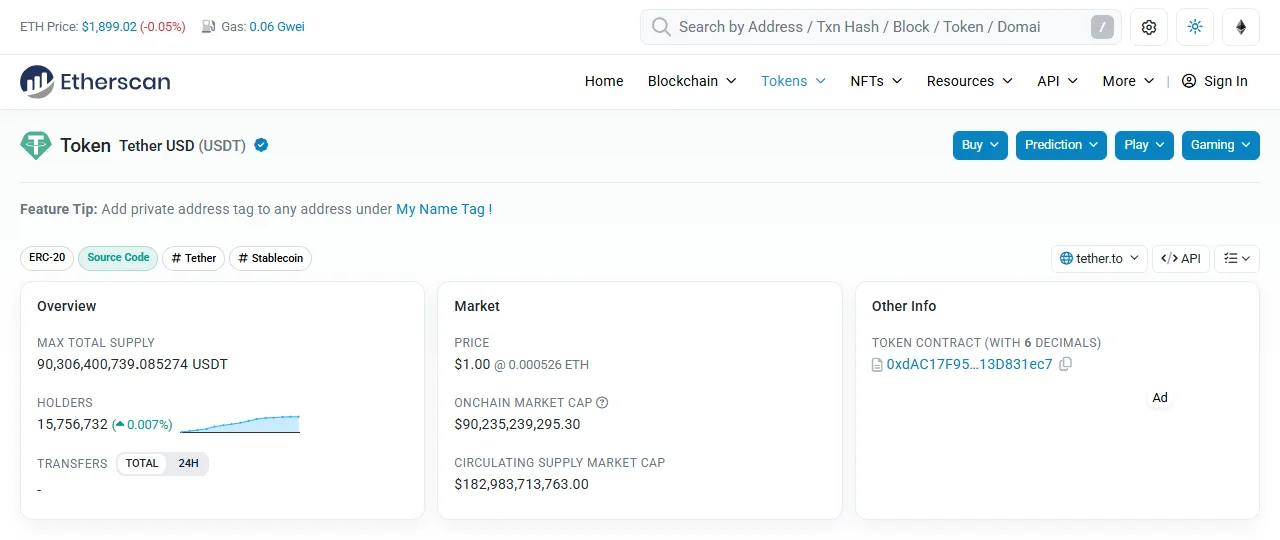 Página real de Etherscan del contrato de Tether USD en Ethereum, con el nombre Tether USD, la insignia azul y el campo Token Contract visible