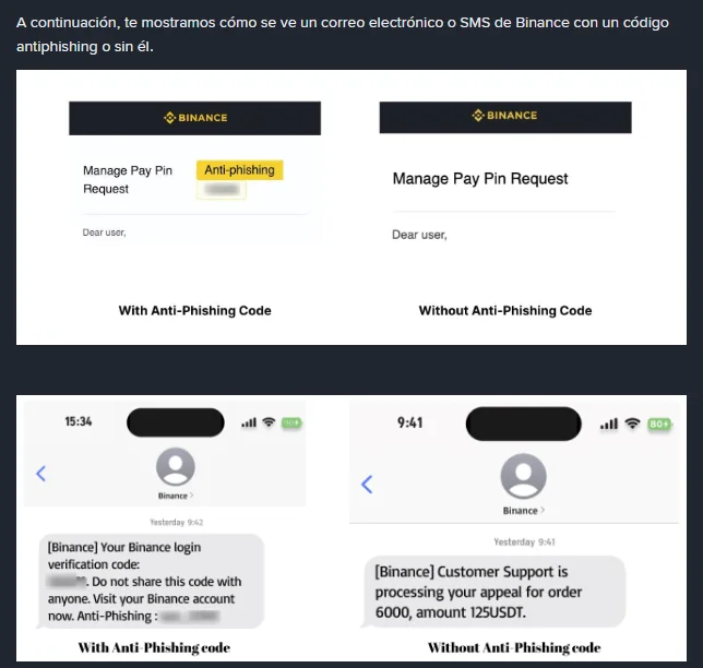 Página de ayuda de Binance en español con la comparación oficial: a la izquierda un correo y un SMS que llevan el código antiphishing resaltado en amarillo, a la derecha los mismos mensajes sin código