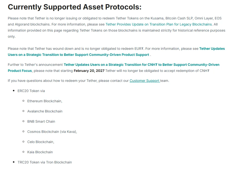 Tether-in rəsmi Supported Protocols səhifəsində ERC20 Token via bölməsində Ethereum, Avalanche, BNB Smart Chain, Cosmos, Celo, Kaia və ayrıca TRC20 Token via Tron Blockchain sətirləri