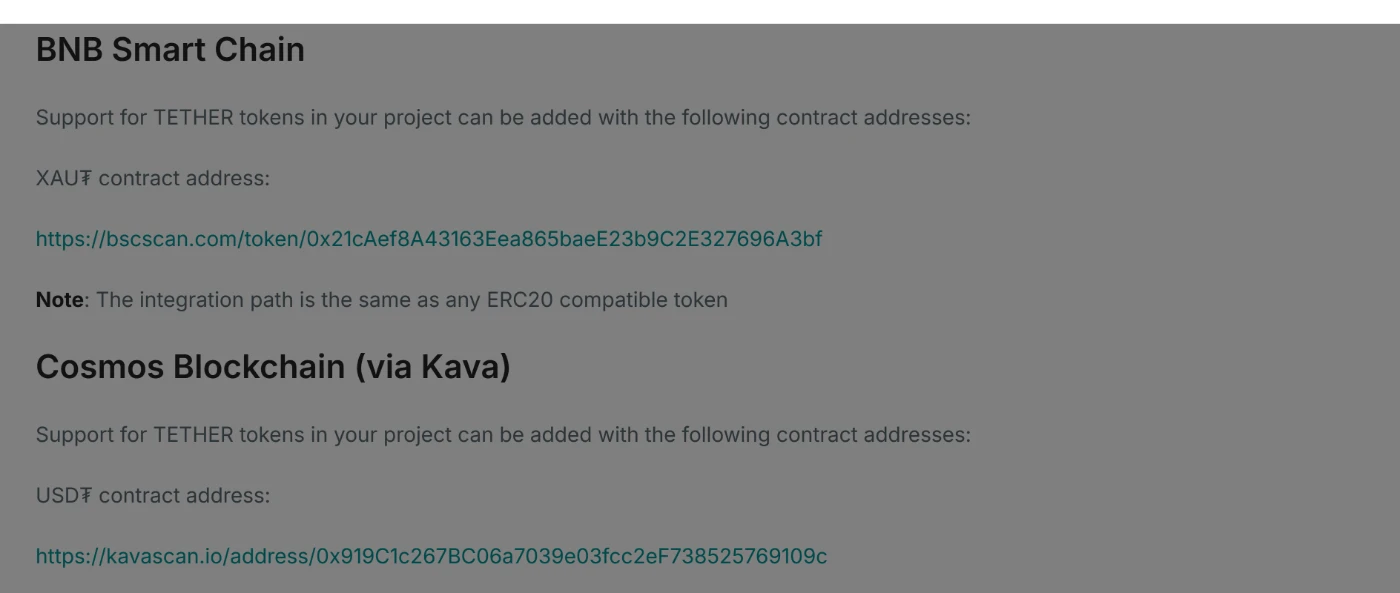 Tether 官网 Supported Protocols 页面的 BNB Smart Chain 一节,只列出 XAU₮ 合约地址,没有 USD₮