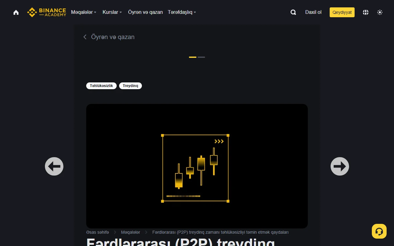 Binance Academy-nin Azərbaycan dilində P2P təhlükəsizliyi kursunun rəsmi səhifəsi; tünd fonda Binance Academy naviqasiyası və P2P təhlükəsizliyi mövzusu görünür