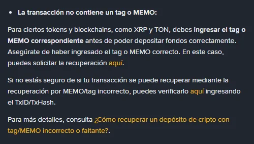 Sección de la página oficial de Recuperación Propia de Binance en español que explica que para ciertos tokens y blockchains, como XRP y TON, hay que ingresar el tag o MEMO correspondiente antes de poder depositar fondos correctamente, con enlaces para solicitar la recuperación y para verificar el TxID