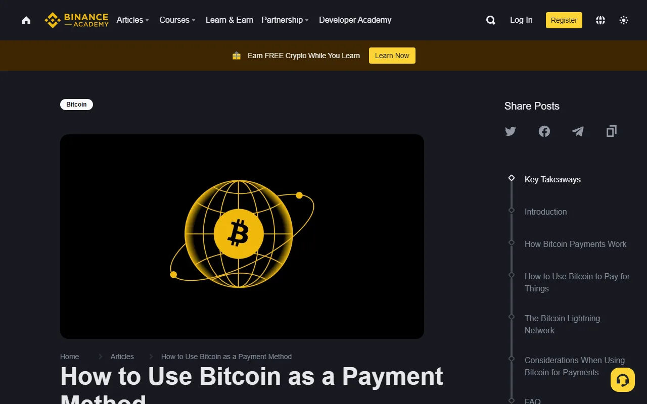 Binance Academy-nin kriptovalyuta ödənişi barədə açıq məqaləsinin başlığı və Bitcoin illüstrasiyası