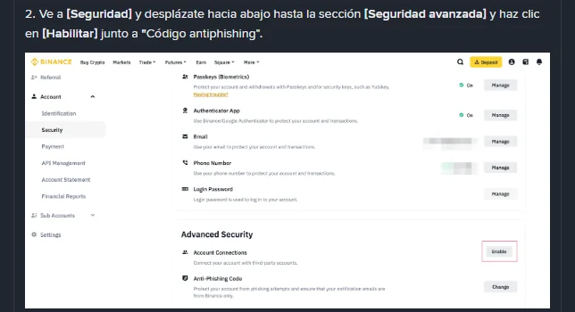 Paso 2 de la guía oficial en español, con la captura de la web de Binance en inglés: el menú Security a la izquierda y la sección Advanced Security con la fila Anti-Phishing Code y su botón de cambio