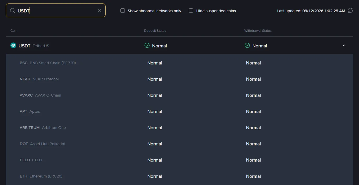 Binance Deposit & Withdrawal Status səhifəsində USDT sətri açılıb; BSC BNB Smart Chain BEP20, Ethereum ERC20 və digər şəbəkələr üçün depozit və çıxarış statusu Normal göstərilir, yuxarıda Last updated vaxtı var