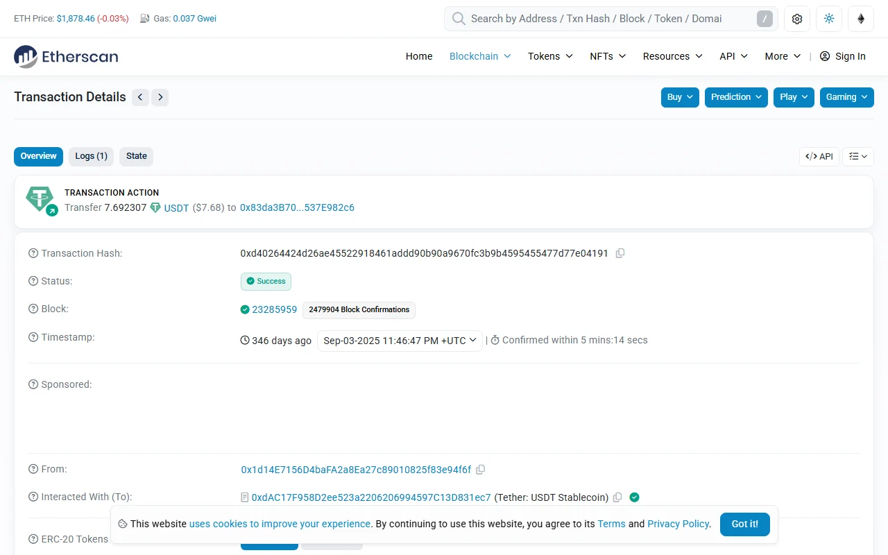 Captura real de Etherscan de una transferencia pública de 7,692307 USDT en Ethereum, con el TXID, el estado Success, el bloque y la hora UTC visibles.