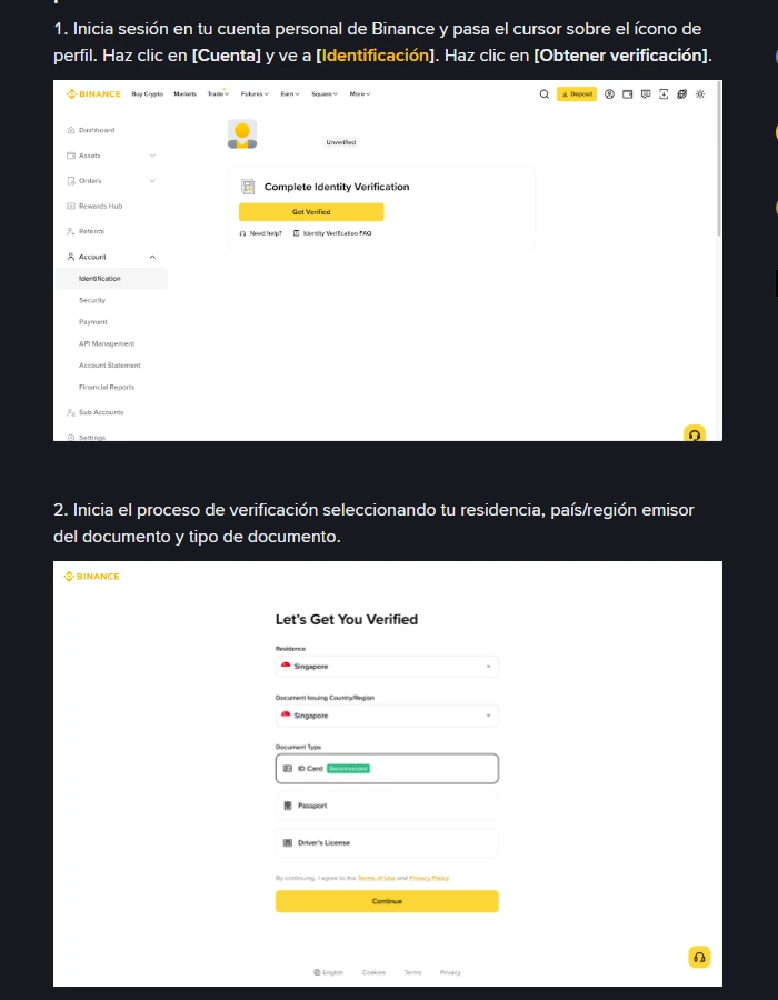 Pasos 1 y 2 de la página oficial «¿Cómo verificar una cuenta personal?» de Binance en español: el paso 1 indica ir a Cuenta e Identificación y pulsar Obtener verificación, y el paso 2 muestra la pantalla «Let's Get You Verified» con los desplegables de residencia y país emisor del documento y las opciones ID Card, Passport y Driver's License